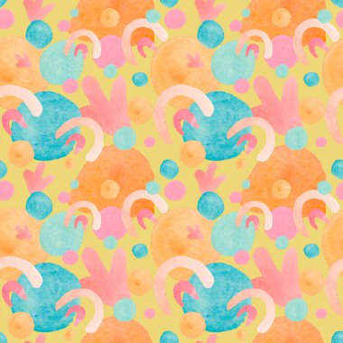 Abstract modern watercolor seamless patters baby shapes on yellow background.Bright minimalist prints in polka dots,blotches,rainbows.Designs for wrapping paper,packaging,social media,textiles,fabric.