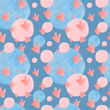 Abstract modern watercolor seamless patters baby shapes on blue background.Bright minimalist prints in polka dots,blotches,rainbows.Designs for wrapping paper,packaging,social media,textiles,fabric.