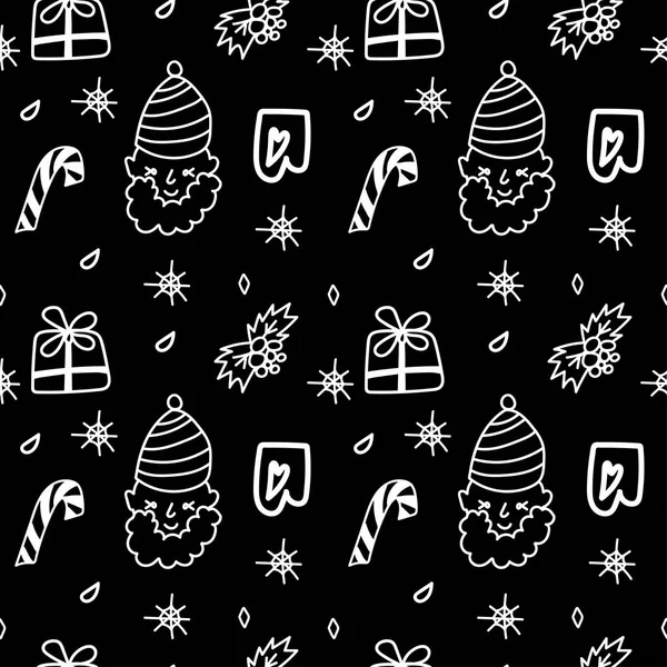 Seamless Vector Christmas Pattern White Line Black Background Doodle Style — Stockový vektor