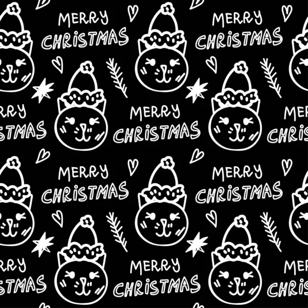 Seamless Vector Christmas Pattern White Line Black Background Doodle Style — Stockový vektor