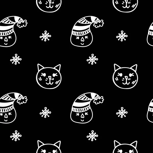 Seamless Vector Christmas Pattern White Line Black Background Doodle Style —  Vetores de Stock