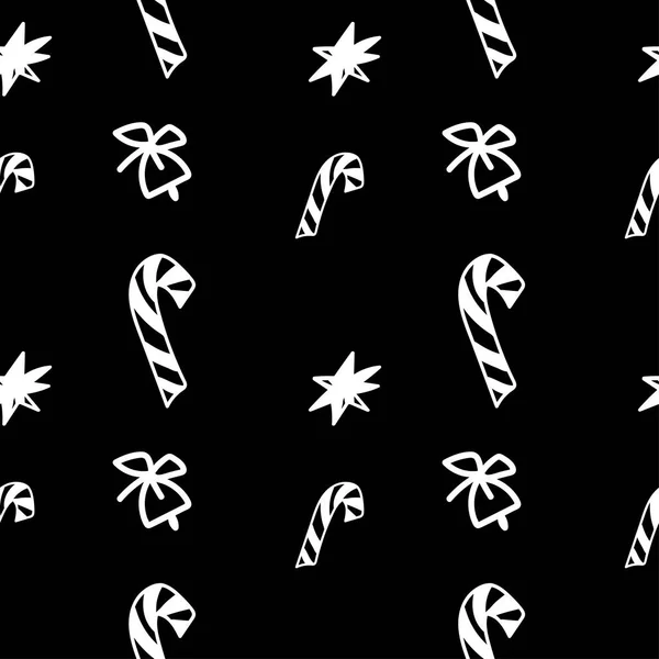 Seamless Vector Christmas Pattern White Line Black Background Doodle Style — Stockový vektor