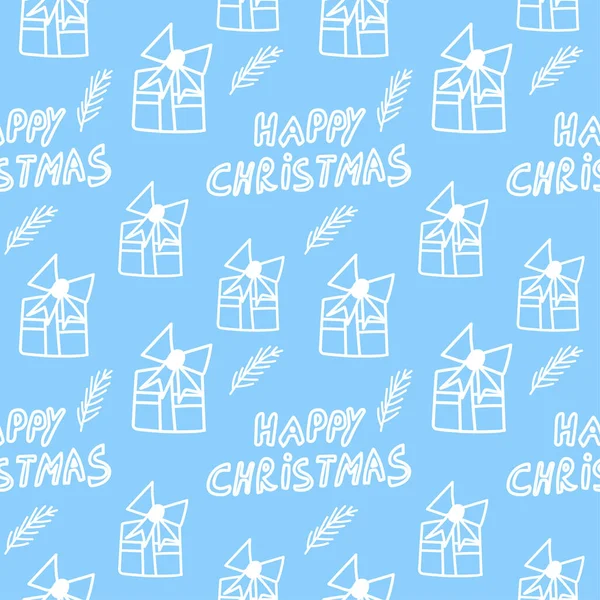 Christmas Vector Seamless Pattern Lettering Gifts Branches White Line Holiday — Vector de stock