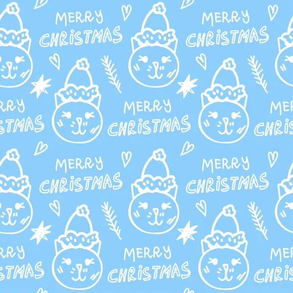 Christmas Vector Seamless Pattern White Cats Hats Merry Christmas Hearts — Stockový vektor