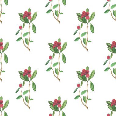 Lingonberry watercolor seamless pattern on white background.Bright fall,Christmas minimalist prints with cranberries.Designs for wrapping paper,scrapbook paper,packaging,social media,textiles,fabric.