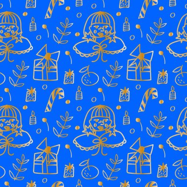 Vector seamless pattern royal blue and gold digital paper hand drawn. Christmas minimalist print doodle style .Design for wrapping paper, scrapbook paper,packaging, social media, textiles, fabric.