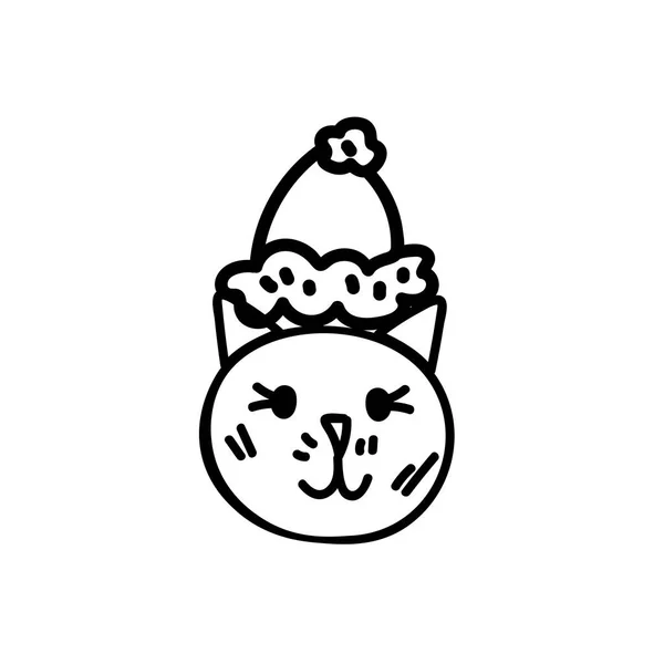 一个矢量圣诞涂鸦与一只带着帽子的猫的肖像 白色背景上有黑线的假日简单图解 社交媒体 标识的设计 — 图库矢量图片