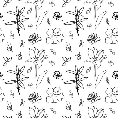 Beyaz izole arka planda, bahçeli ve kır çiçekleriyle kusursuz vektör deseni. Botanik, çiçek desenli karalama tarzı baskılar. Tekstil, kumaş, kumaş, ambalaj kağıdı, albüm kağıdı için tasarımlar.