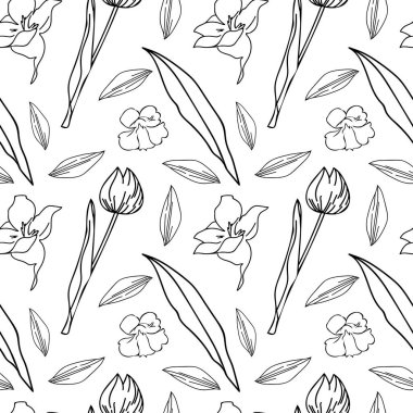 Beyaz izole arka planda, bahçeli ve kır çiçekleriyle kusursuz vektör deseni. Botanik, çiçek desenli karalama tarzı baskılar. Tekstil, kumaş, kumaş, ambalaj kağıdı, albüm kağıdı için tasarımlar.