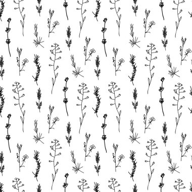 Beyaz izole arka planda, bahçeli ve kır çiçekleriyle kusursuz vektör deseni. Botanik, çiçek desenli karalama tarzı baskılar. Tekstil, kumaş, kumaş, ambalaj kağıdı, albüm kağıdı için tasarımlar.