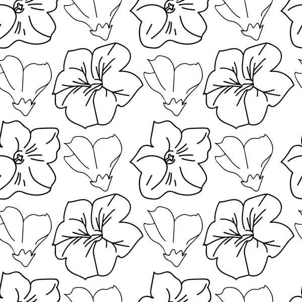 Seamless Vector Pattern Garden Wildflowers Black Line White Isolated Background — Vettoriale Stock