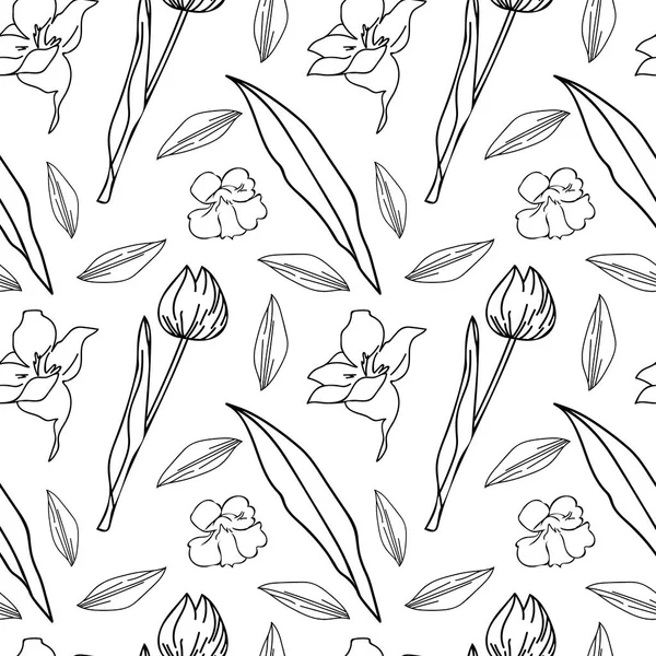 Beyaz izole arka planda, bahçeli ve kır çiçekleriyle kusursuz vektör deseni. Botanik, çiçek desenli karalama tarzı baskılar. Tekstil, kumaş, kumaş, ambalaj kağıdı, albüm kağıdı için tasarımlar.