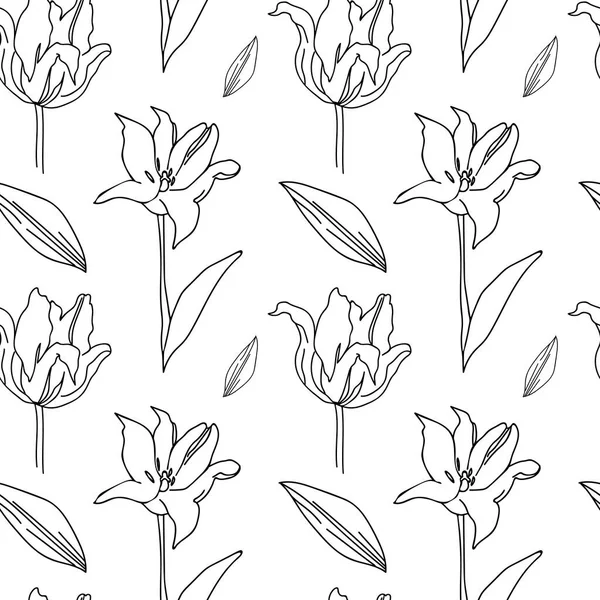 Beyaz izole edilmiş arka planda siyah çizgili kusursuz çiçek deseni. Şirin, modern, fantezi, botanik el çizimi karalama stili baskısı. Tekstil, duvar kağıdı, kumaş, ambalaj kağıdı, yapıştırma kağıdı, albüm kağıdı için tasarımlar..