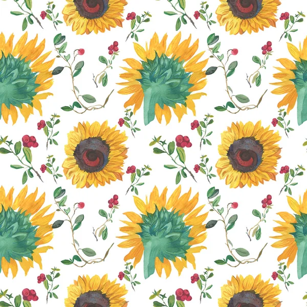 Watercolor Seamless Pattern Yellow Sunflowers Red Lingonberries White Isolated Background — Foto Stock