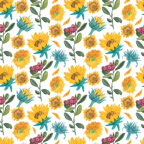 Watercolor Seamless Pattern Yellow Sunflowers Red Lingonberries White Isolated Background — Stock Photo, Image