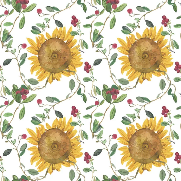 Watercolor Seamless Pattern Yellow Sunflowers Red Lingonberries White Isolated Background — Stock Photo, Image