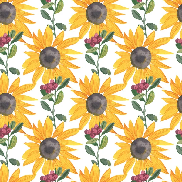 Watercolor Seamless Pattern Yellow Sunflowers Red Lingonberries White Isolated Background — Foto Stock