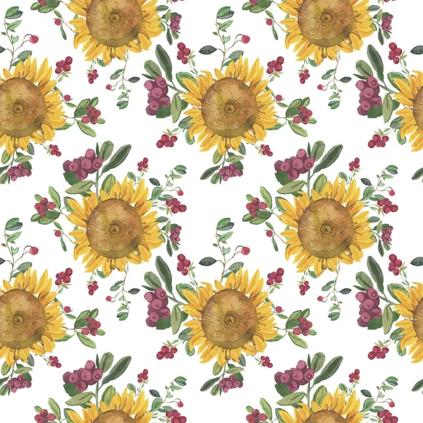 Watercolor Seamless Pattern Yellow Sunflowers Red Lingonberries White Isolated Background — Stock Photo, Image