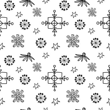 İzole edilmiş beyaz arka planda siyah çizgili İskandinav tarzı kar tanecikleri. Kış, İskandinav tarzı el yazısı. Tekstil tasarımları, ambalaj kağıtları, ambalaj kağıtları..