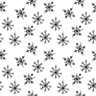 İzole edilmiş beyaz arka planda siyah çizgili İskandinav tarzı kar tanecikleri. Kış, İskandinav tarzı el yazısı. Tekstil tasarımları, ambalaj kağıtları, ambalaj kağıtları..