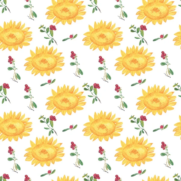 Watercolor Seamless Pattern Yellow Sunflowers Red Lingonberries White Isolated Background — Stock Photo, Image