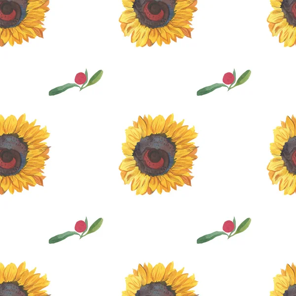 Watercolor Seamless Pattern Yellow Sunflowers Red Lingonberries White Isolated Background — Stock Photo, Image