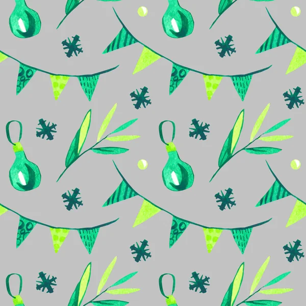 Watercolor Seamless Pattern Green Christmas Ornaments Isolated Gray Background New — Foto Stock