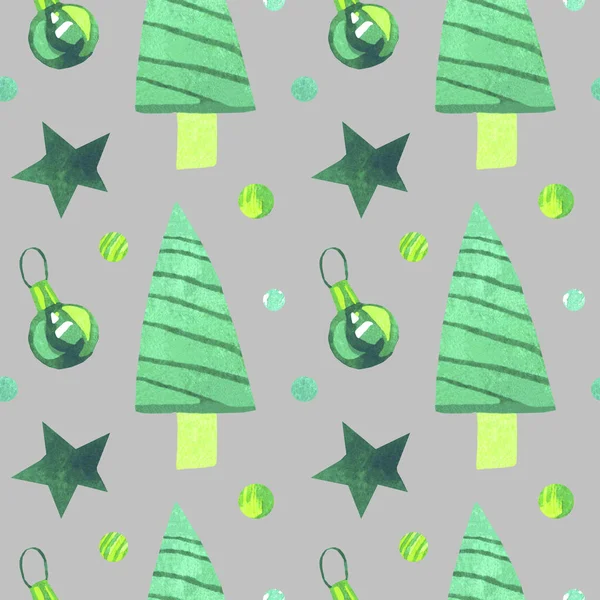 Watercolor Seamless Pattern Green Christmas Ornaments Isolated Gray Background New — Foto Stock