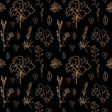 Siyah izole edilmiş arka planda altın bahçeli çiçeklerle kusursuz vektör deseni. Karalama stilinde el çizimi botanik süslemeleri ile tekrar eden baskılar. Tekstil tasarımı, ambalaj kağıdı, kumaş, ambalaj..