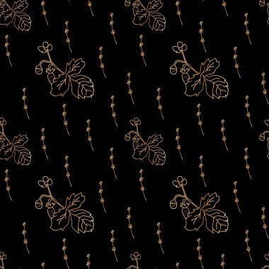 Siyah izole edilmiş arka plan el üzerindeki kusursuz altın çizgili vektör deseni. Karalama tarzında botanik yineleyici süs. Paket kağıdı, ambalaj, tekstil, kumaş, ağ, sosyal medya için tasarım..