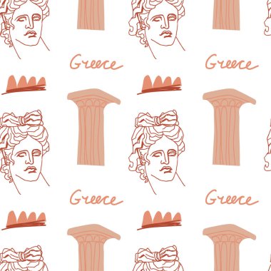 Eski Yunan tanrılarının bej rengi ve kahverengiyle kusursuz bir vektör deseni. Beyaz arka planda tekrar eden antik süs el. Tekstil, web, sosyal medya, ambalaj kağıdı, kumaş, kumaş için tasarımlar..