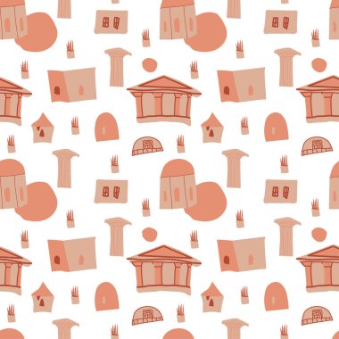 Eski Yunan tanrılarının bej rengi ve kahverengiyle kusursuz bir vektör deseni. Beyaz arka planda tekrar eden antik süs el. Tekstil, web, sosyal medya, ambalaj kağıdı, kumaş, kumaş için tasarımlar..