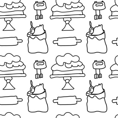 Pişirme ile kusursuz vektör deseni, siyah çizgili tatlılar. Beyaz arka planda karalama tarzında tekrar eden süs yemekleri. Tekstil, ağ, ambalaj, ambalaj kağıdı, kumaş tasarımları.