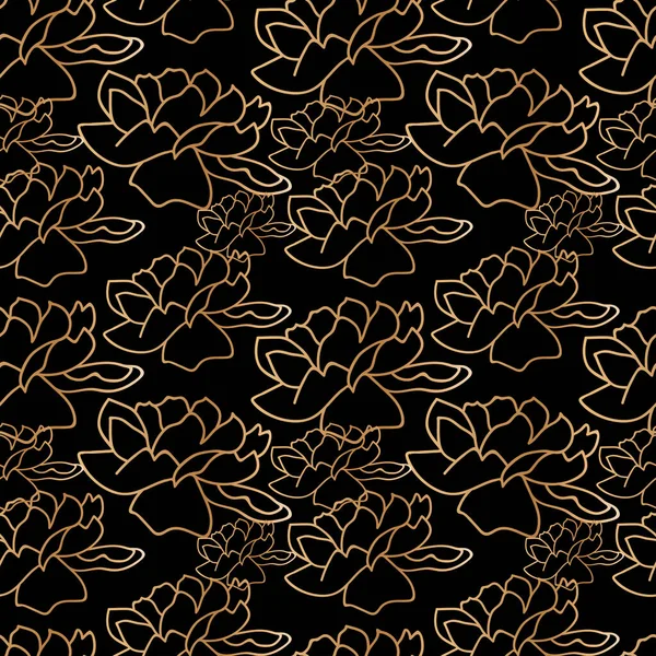 Бесшовный Векторный Узор Золотыми Садовыми Цветами Черном Изолированном Фоне Повторяющийся — стоковый вектор