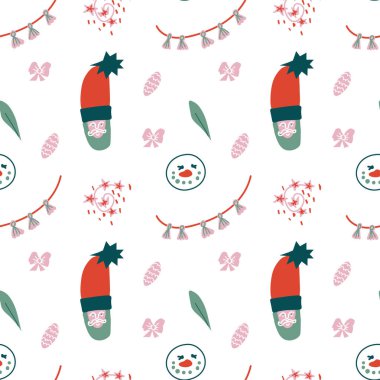 Noel için pürüzsüz vektör deseni düz renkte. Noel Baba, kardan adam, koni, yay el çizimi. Tekstil, ambalaj, sosyal medya, ağ, ambalaj kağıdı, kumaş, kumaş tasarımı..