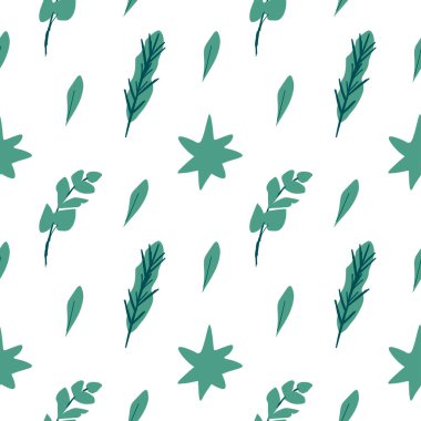 Noel için düz renkte kusursuz vektör deseni. Yıldızlı ve yapraklı bayram botanik baskısı. Tekstil, ambalaj, sosyal medya, ağ, ambalaj kağıdı, kumaş.