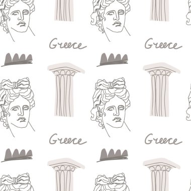 Eski Yunan tanrılarının gri renkleriyle vektörsüz bir desen. Beyaz yalıtılmış arka planda el çizimi süslemeler. Tekstil, kumaş, ambalaj kağıdı, ambalaj, davetiye tasarımları.
