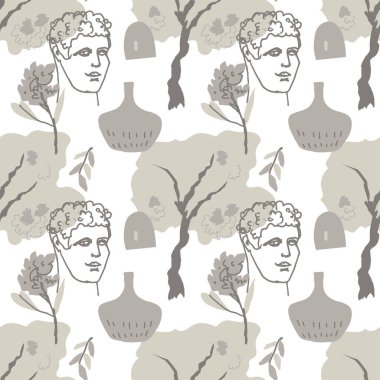 Eski Yunan tanrılarının gri renkleriyle vektörsüz bir desen. Beyaz yalıtılmış arka planda el çizimi süslemeler. Tekstil, kumaş, ambalaj kağıdı, ambalaj, davetiye tasarımları.