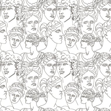 Eski Yunan tanrılarının gri renkleriyle vektörsüz bir desen. Beyaz yalıtılmış arka planda el çizimi süslemeler. Tekstil, kumaş, ambalaj kağıdı, ambalaj, davetiye tasarımları.