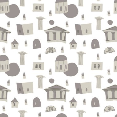 Eski Yunan tanrılarının gri renkleriyle vektörsüz bir desen. Beyaz yalıtılmış arka planda el çizimi süslemeler. Tekstil, kumaş, ambalaj kağıdı, ambalaj, davetiye tasarımları.