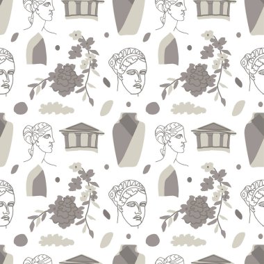 Eski Yunan tanrılarının gri renkleriyle vektörsüz bir desen. Beyaz yalıtılmış arka planda el çizimi süslemeler. Tekstil, kumaş, ambalaj kağıdı, ambalaj, davetiye tasarımları.