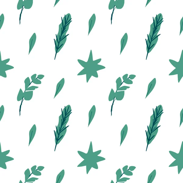 フラットスタイルで明るい色でクリスマスのためのシームレスベクトルパターン 星と葉の手描きで休日の植物プリント — ストックベクタ