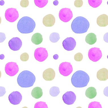 Beyaz izole edilmiş arkaplanda 60 'ların tarzında kusursuz suluboya deseni. Parlak renkli abstrakt, Vintage, Hip, Polka Dot el çizimleri tekstil, ambalaj kağıdı, kumaş, ambalaj kağıdı, yapıştırma kağıdı, albüm kağıdı.