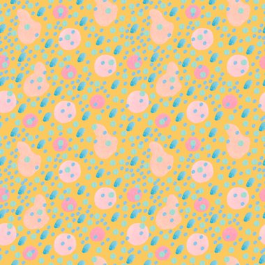 60 'ların tarzında kusursuz suluboya deseni sarı izole edilmiş arka planda. Parlak renkli soyut, Vintage, Hip, Polka Dot el yapımı tekstil, ambalaj kağıdı, kumaş, ambalaj kağıdı, yapıştırma defteri, albüm kağıdı için tasarımlar çizdi..