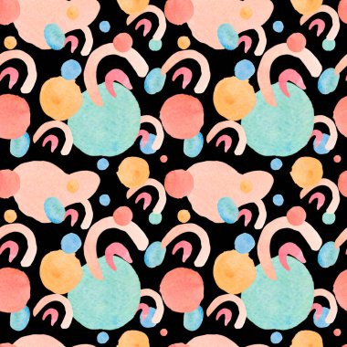 Siyah izole edilmiş arka plan üzerinde 60 'ların tarzında kusursuz suluboya deseni. Parlak renkli soyut, Vintage, Hip, Polka Dot el çizimleri tekstil, ambalaj kağıdı, kumaş, ambalaj kağıdı, yapıştırma defteri, albüm kağıdı.