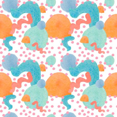 Beyaz izole edilmiş arkaplanda 60 'ların tarzında kusursuz suluboya deseni. Parlak renkli abstrakt, Vintage, Hip, Polka Dot el çizimleri tekstil, ambalaj kağıdı, kumaş, ambalaj kağıdı, yapıştırma kağıdı, albüm kağıdı.