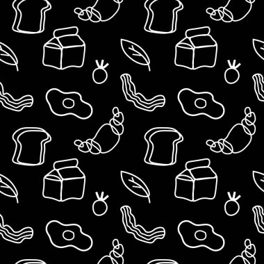 Siyah elle çizilmiş beyaz çizginin kusursuz vektör şablonu. Tekstil, ambalaj kağıdı, restoran menüsü, sosyal medya, hatıra defteri kağıdı çizimleri..