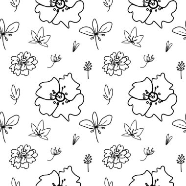 Beyaz, izole edilmiş arka planda siyah çiçekli kusursuz vektör deseni. Botanik, karalama tarzında çiçek deseni. Tekstil, kumaş, ambalaj kağıdı, sosyal medya, web tasarımları..