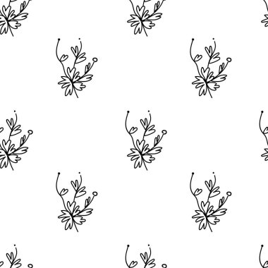 Beyaz yalıtılmış el taramasında çiçek desensiz vektör deseni. Karalama tarzında siyah çiçek desenli botanik deseni. Tekstil, kumaş, ambalaj kağıdı, sosyal medya ve internet için tasarımlar..