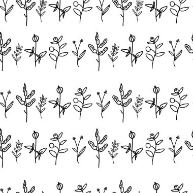 Beyaz yalıtılmış el taramasında çiçek desensiz vektör deseni. Karalama tarzında siyah çiçek desenli botanik deseni. Tekstil, kumaş, ambalaj kağıdı, sosyal medya ve internet için tasarımlar..